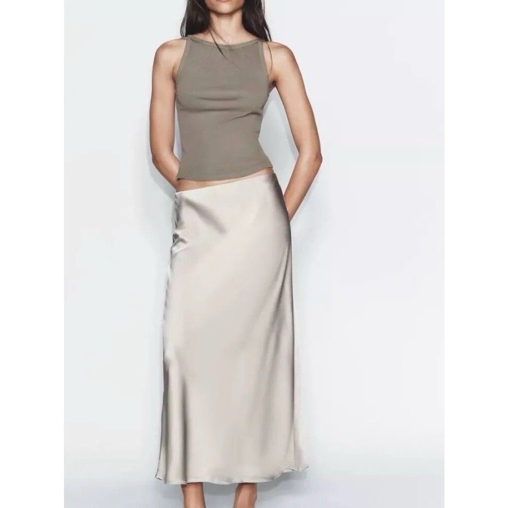 NWT Zara Women's Satin Midi Skirt Ivory XL